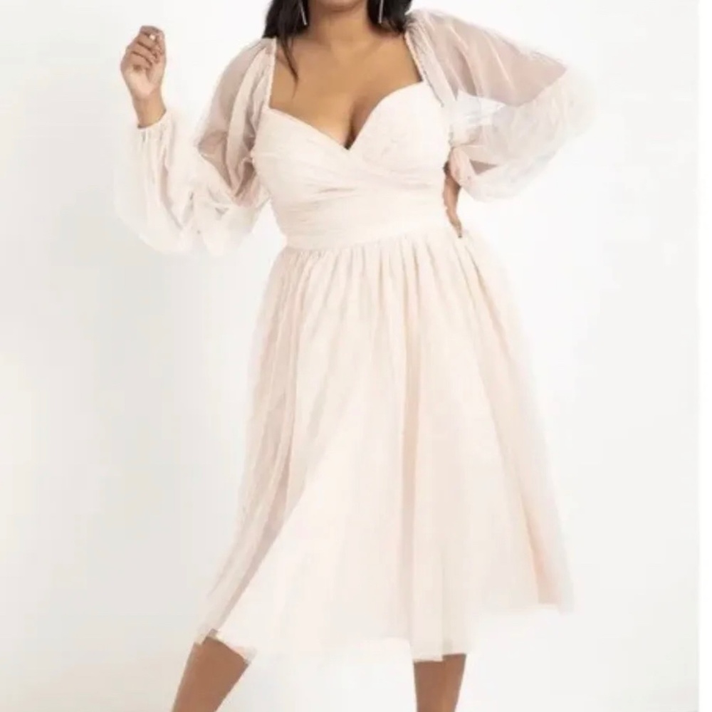 NWT Nabela Noor x Eloquii Tiered Puff Sleeve Tulle Midi Dress Blush Pink Size 14